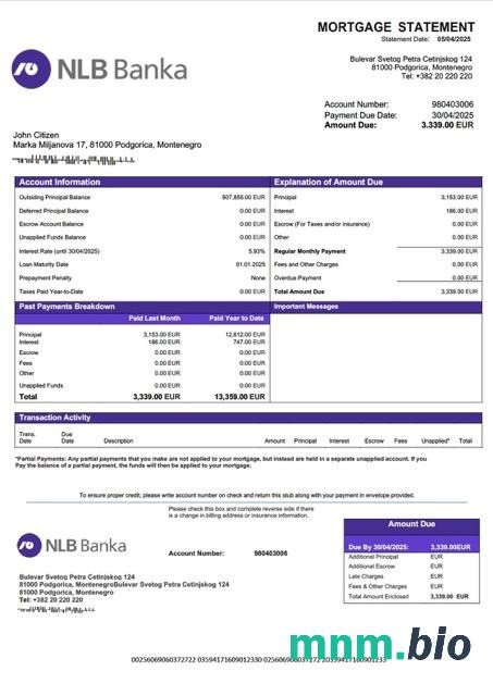 Czarnogóra NLB Banka Podgorica wyciąg z kredytu hipotecznego szablon Word i PDF